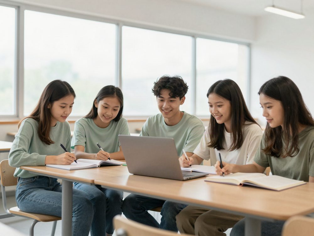 Schülerinnen und Schüler arbeiten gemeinsam an Notizen und einem Laptop