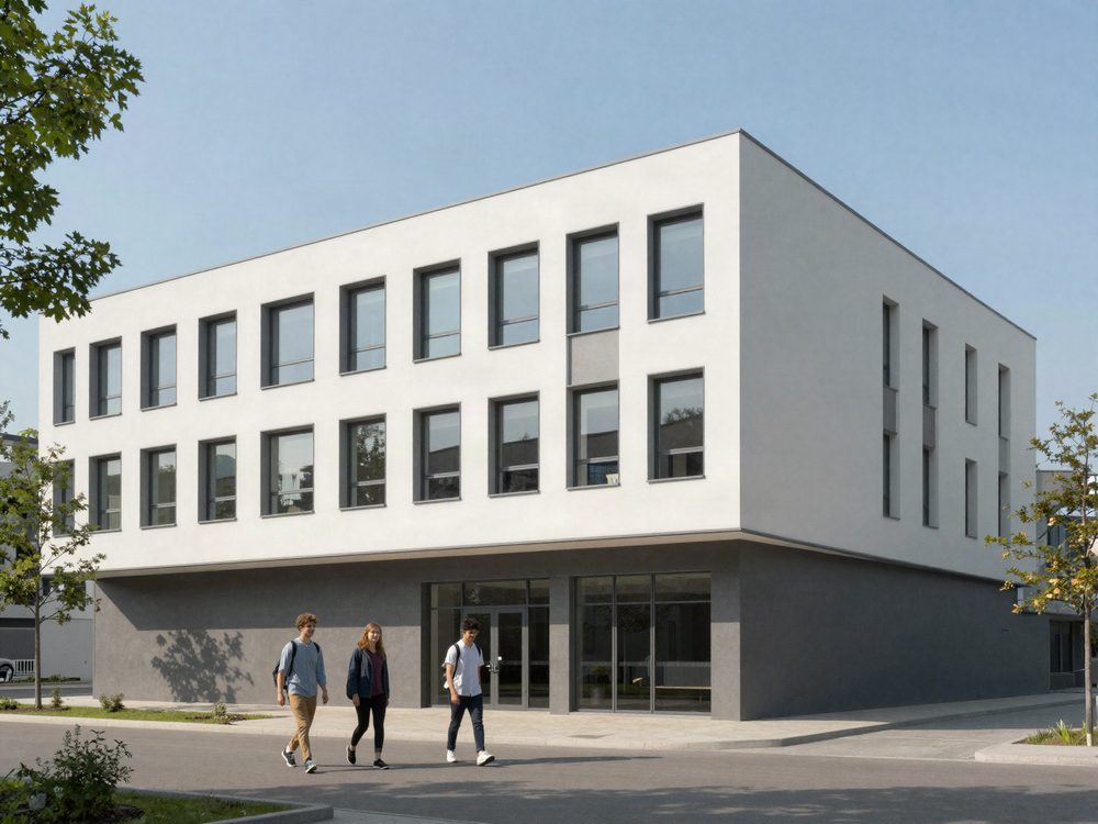 Moderner Schulcampus mit großen Fensterfronten und Bäumen davor